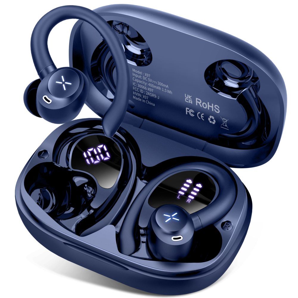 Wireless Earbuds, Bluetooth 5.4 Headphones Sport with 60H Playtime, Bluetooth Earphones with Deep Bass, Over Earhooks 4 ENC Noise Cancelling Mic, Ear buds IP7 Waterproof, LED for Running/Gym, Blue