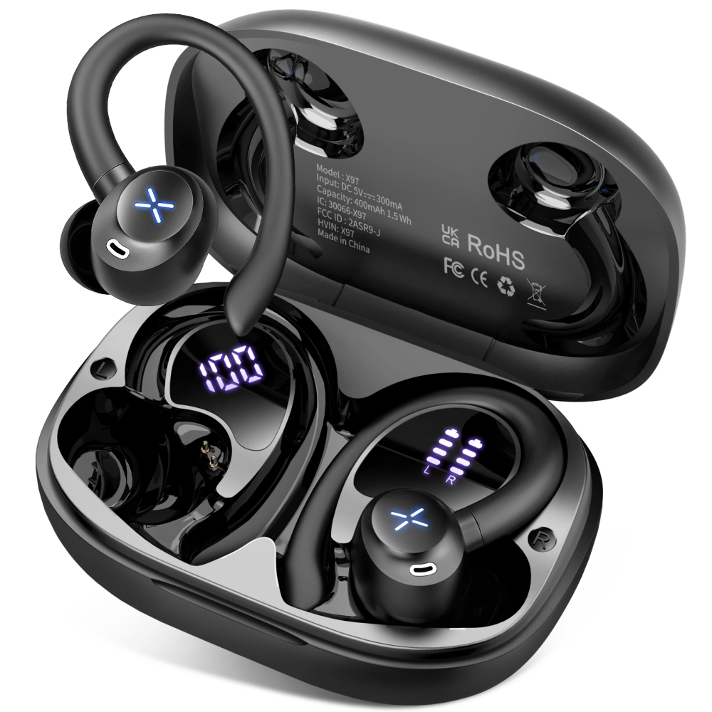Wireless Earbuds, Bluetooth 5.4 Headphones Sport with 60H Playtime, Wireless ear buds with Deep Bass, Over Earhooks 4 ENC Noise Cancelling Mic, Earphones IP7 Waterproof, LED Display for Running/Gym
