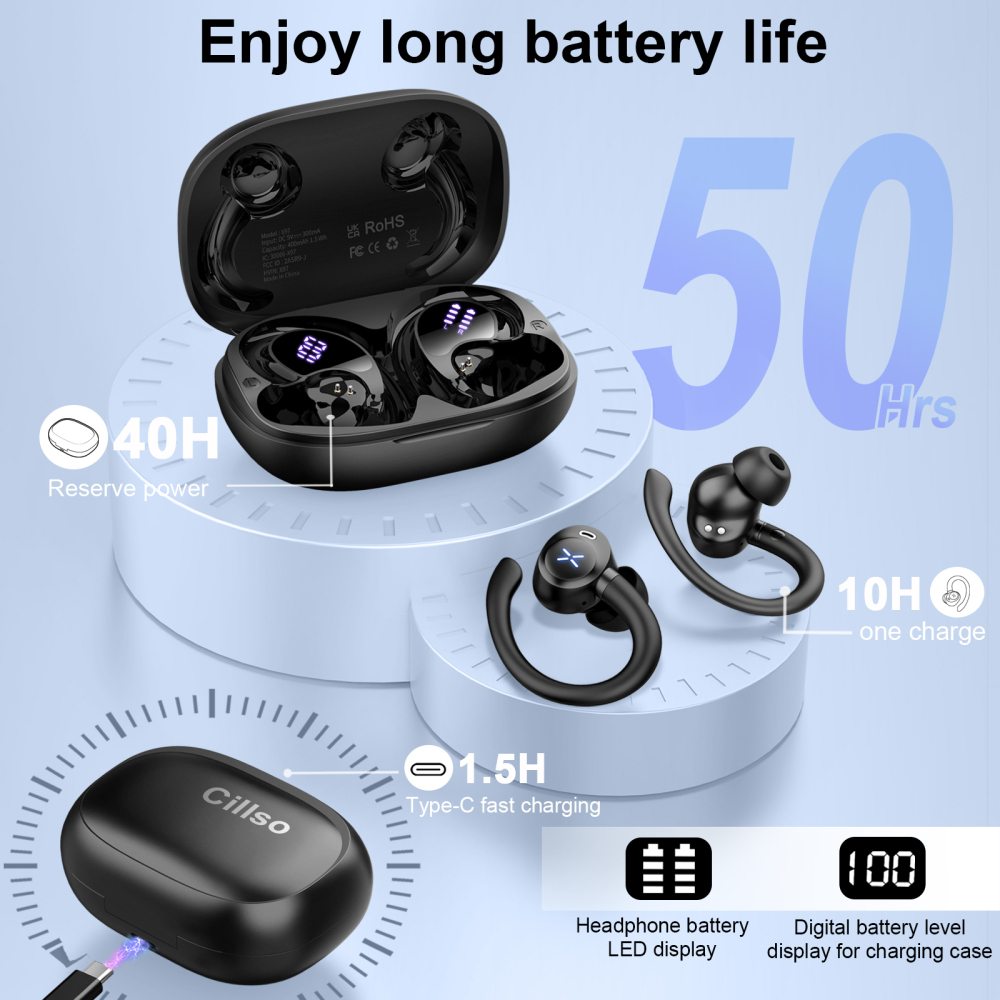 Wireless Earbuds, Bluetooth 5.4 Headphones Sport with 60H Playtime, Wireless ear buds with Deep Bass, Over Earhooks 4 ENC Noise Cancelling Mic, Earphones IP7 Waterproof, LED Display for Running/Gym