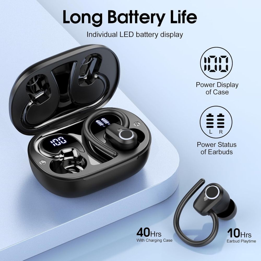 Wireless Earbuds Bluetooth 5.3 Headphones, 50H Sport Ear Buds HiFi Stereo Noise Cancelling Headphones with LED Digital Display, IP7 Waterproof Earphones for Running Workout Gym, USB-C, Black