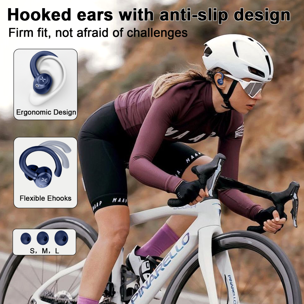 Wireless Earbuds, Bluetooth 5.4 Headphones Sport with 60H Playtime, Bluetooth Earphones with Deep Bass, Over Earhooks 4 ENC Noise Cancelling Mic, Ear buds IP7 Waterproof, LED for Running/Gym, Blue