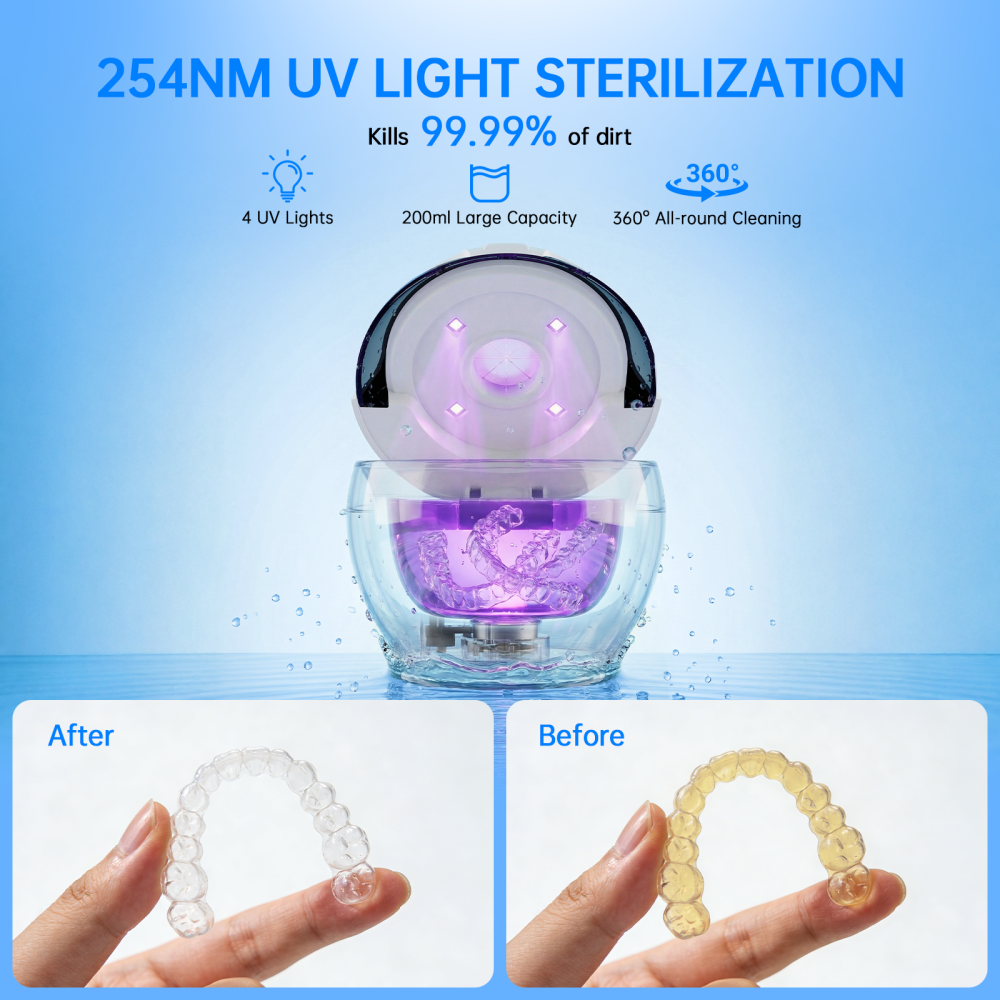 Ultrasonic Retainer Cleaner Machine, 45kHz Deep Gentle Cleaning Pod with Digital Timer, 200ML Multi-Scene Cleaning for Aligners, Dentures, Mouth Guards, Night Guards, Toothbrush Heads &Jewelry, White