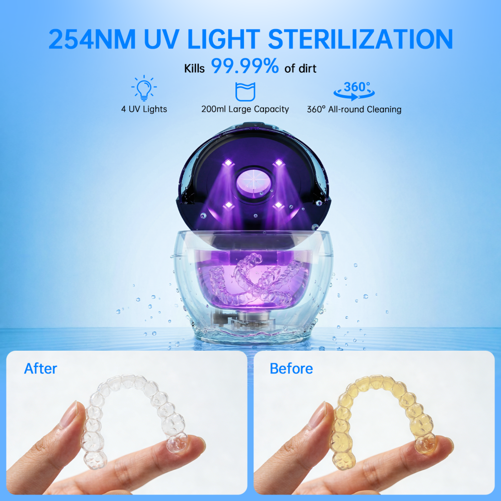 Ultrasonic Retainer Cleaner Machine, 45kHz Deep Gentle Cleaning Pod with Digital Timer, 200ML Multi-Scene Cleaning for Aligners, Dentures, Mouth Guards, Night Guards, Toothbrush Heads & Jewelry