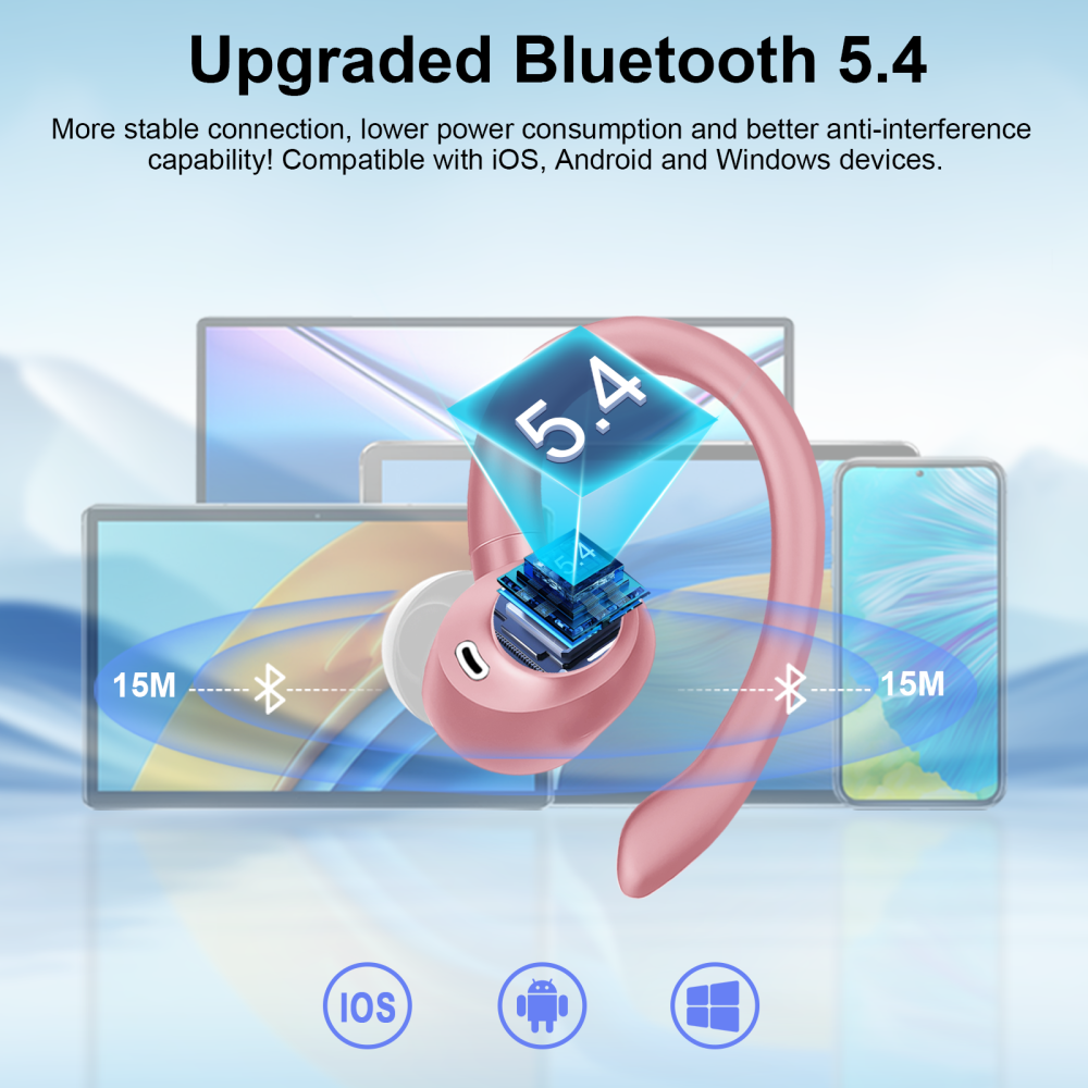 Wireless Earbuds, Bluetooth 5.4 Headphones Sport with 60H Playtime, Wireless ear buds with Deep Bass, Over Earhooks 4 ENC Noise Cancelling Mic, Earphones IP7 Waterproof, LED for Running/Gym, Pink