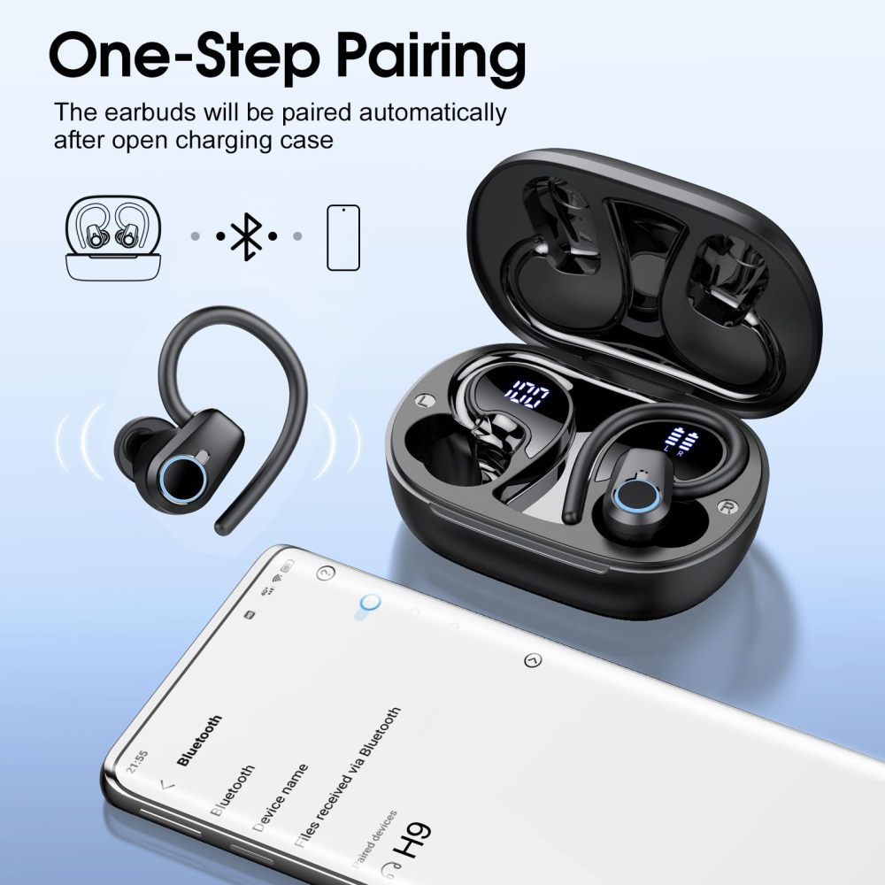 Wireless Earbuds Bluetooth 5.3 Headphones, 50H Sport Ear Buds HiFi Stereo Noise Cancelling Headphones with LED Digital Display, IP7 Waterproof Earphones for Running Workout Gym, USB-C, Black