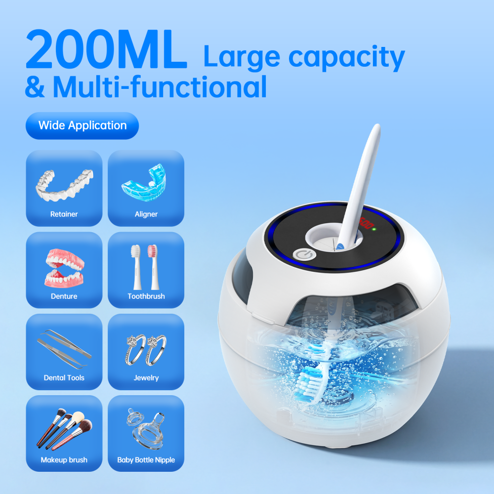 Ultrasonic Retainer Cleaner Machine, 45kHz Deep Gentle Cleaning Pod with Digital Timer, 200ML Multi-Scene Cleaning for Aligners, Dentures, Mouth Guards, Night Guards, Toothbrush Heads &Jewelry, White