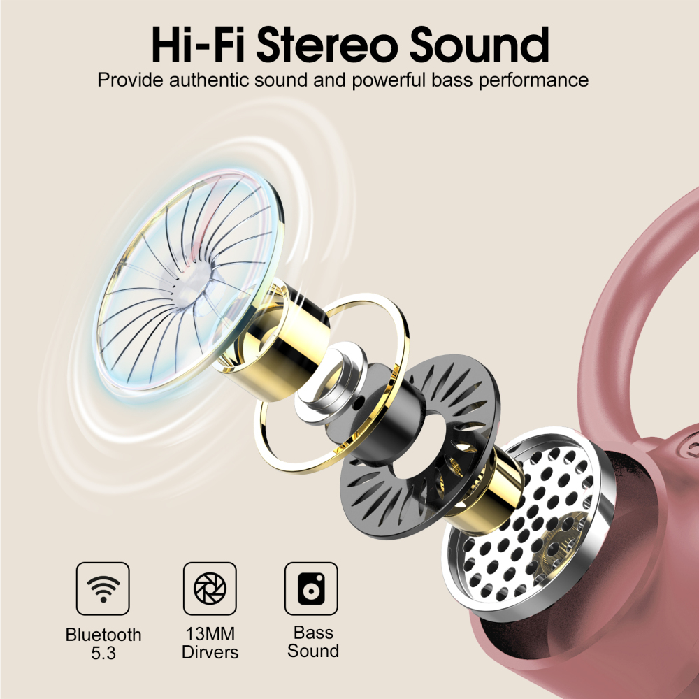 Wireless Earbuds Bluetooth 5.3 Headphones, 50H Sport Ear Buds HiFi Stereo Noise Cancelling Headphones with LED Digital Display, IP7 Waterproof Earphones for Running Workout Gym, USB-C, Rose Gold