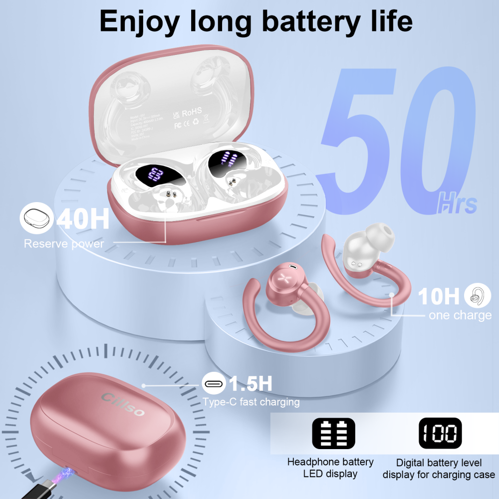 Wireless Earbuds, Bluetooth 5.4 Headphones Sport with 60H Playtime, Wireless ear buds with Deep Bass, Over Earhooks 4 ENC Noise Cancelling Mic, Earphones IP7 Waterproof, LED for Running/Gym, Pink