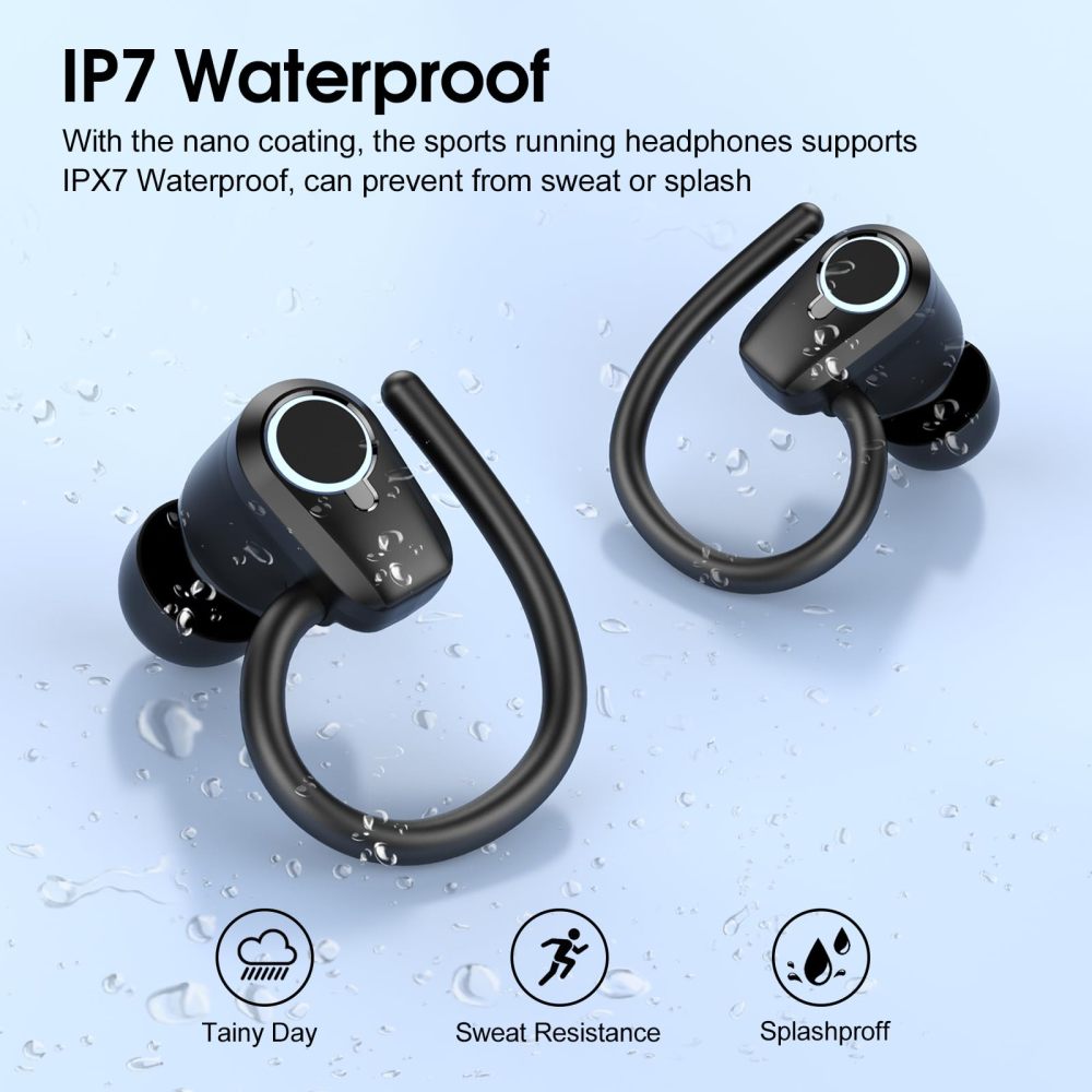 Wireless Earbuds Bluetooth 5.3 Headphones, 50H Sport Ear Buds HiFi Stereo Noise Cancelling Headphones with LED Digital Display, IP7 Waterproof Earphones for Running Workout Gym, USB-C, Black
