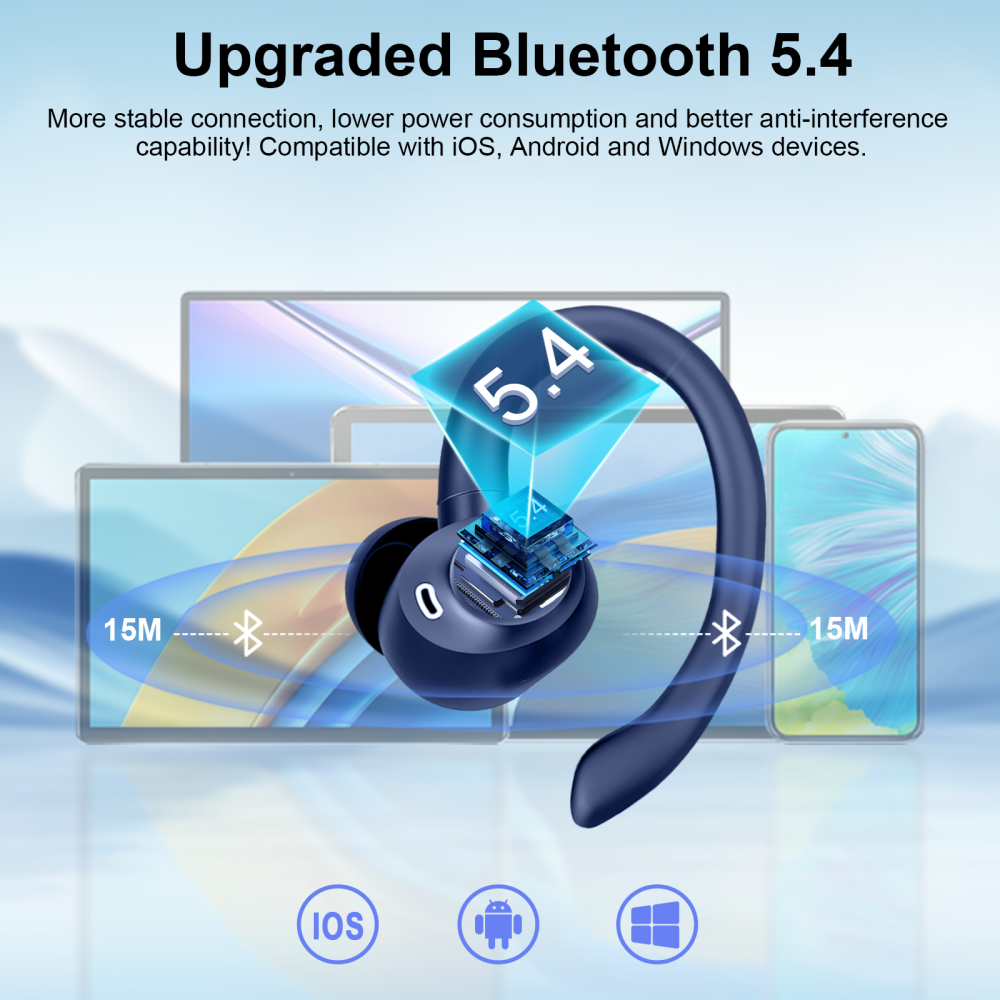 Wireless Earbuds, Bluetooth 5.4 Headphones Sport with 60H Playtime, Bluetooth Earphones with Deep Bass, Over Earhooks 4 ENC Noise Cancelling Mic, Ear buds IP7 Waterproof, LED for Running/Gym, Blue