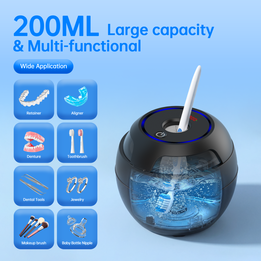 Ultrasonic Retainer Cleaner Machine, 45kHz Deep Gentle Cleaning Pod with Digital Timer, 200ML Multi-Scene Cleaning for Aligners, Dentures, Mouth Guards, Night Guards, Toothbrush Heads & Jewelry