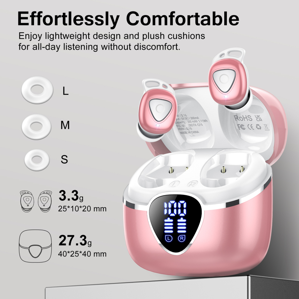 Wireless Earbuds, Bluetooth 5.4 Earphones in Ear with 4 ENC Noise Cancelling Mic, Mini Ear buds with 40H Playtime Hi-Fi Deep Bass, IP7 Waterproof Dual LED for Android and IOS, USB-C, for Gifts Pink