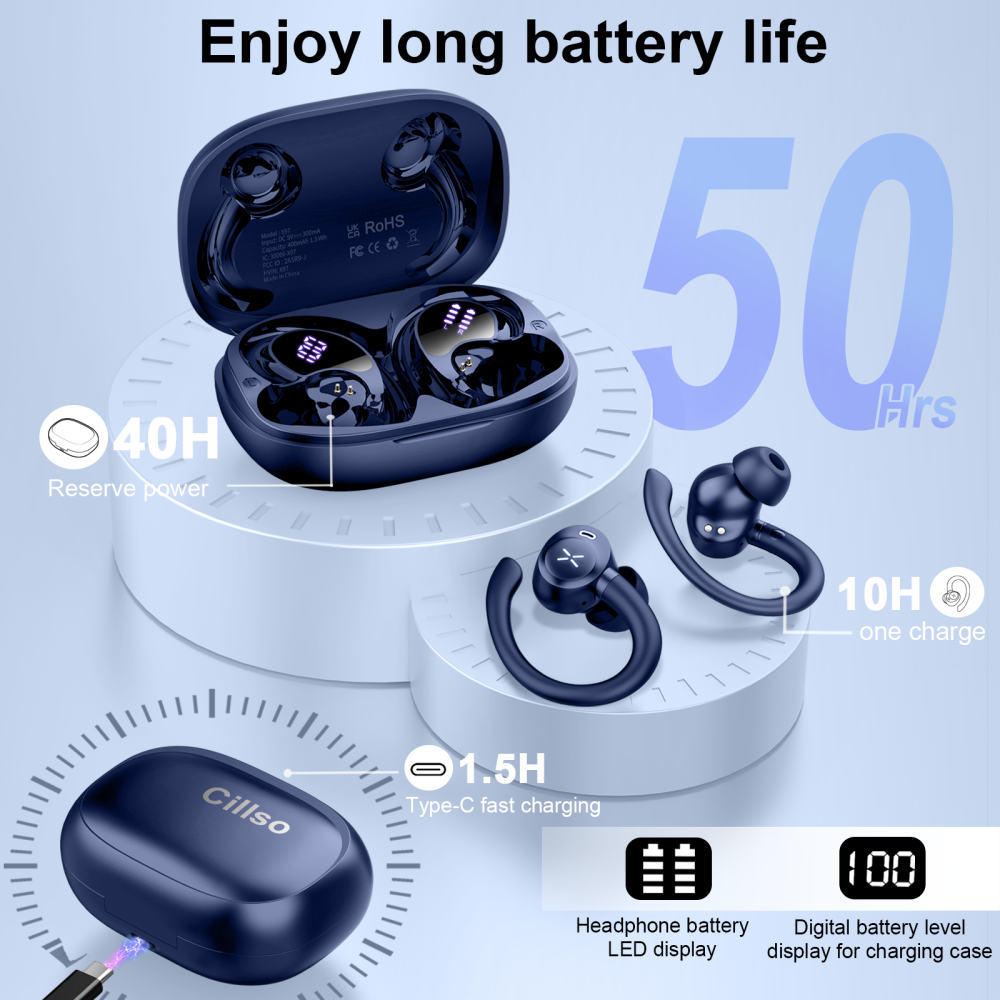 Wireless Earbuds, Bluetooth 5.4 Headphones Sport with 60H Playtime, Bluetooth Earphones with Deep Bass, Over Earhooks 4 ENC Noise Cancelling Mic, Ear buds IP7 Waterproof, LED for Running/Gym, Blue