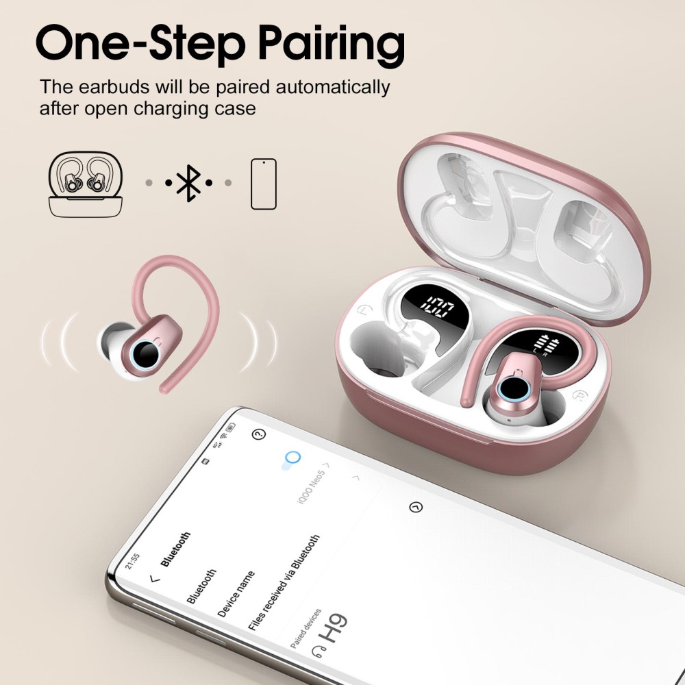Wireless Earbuds Bluetooth 5.3 Headphones, 50H Sport Ear Buds HiFi Stereo Noise Cancelling Headphones with LED Digital Display, IP7 Waterproof Earphones for Running Workout Gym, USB-C, Rose Gold