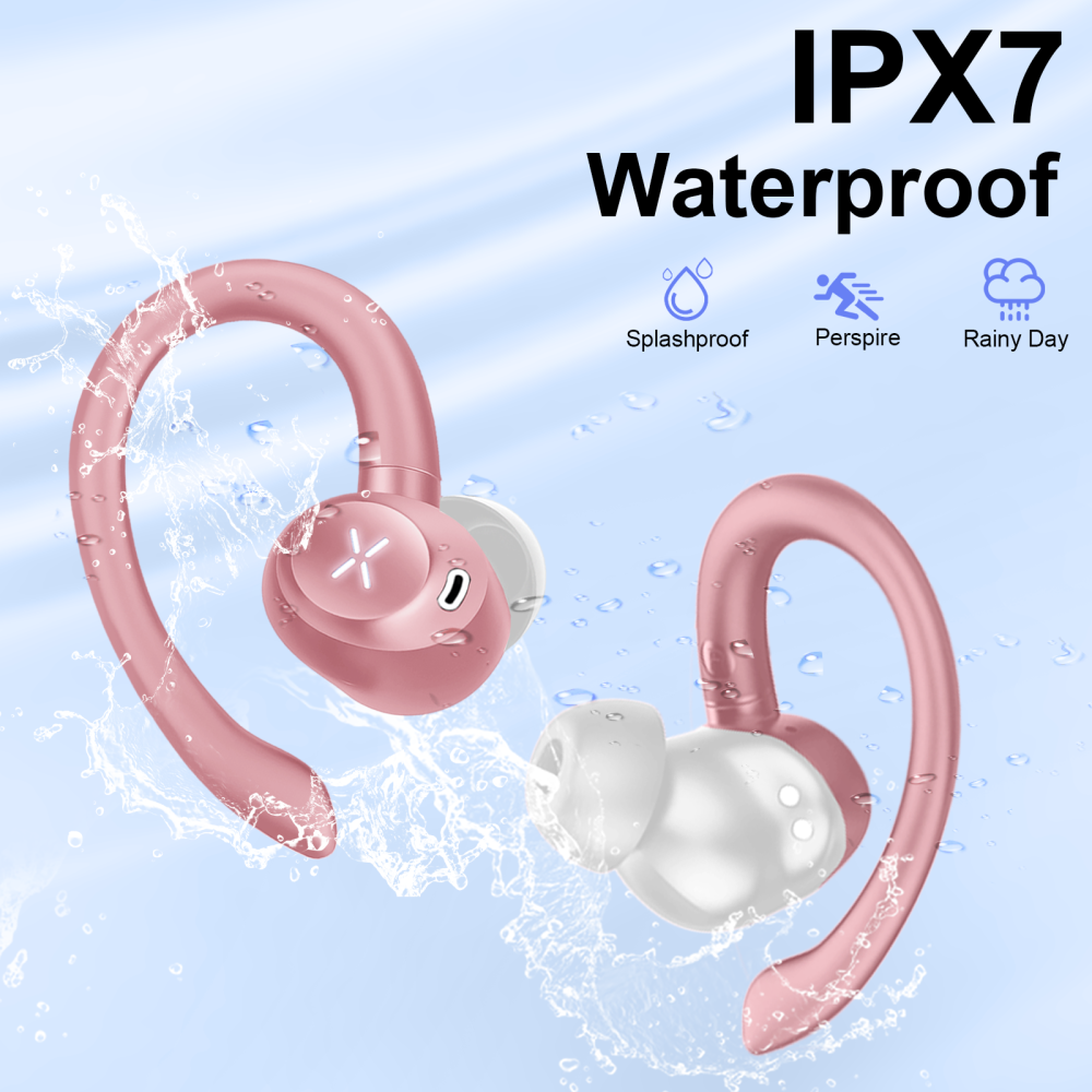 Wireless Earbuds, Bluetooth 5.4 Headphones Sport with 60H Playtime, Wireless ear buds with Deep Bass, Over Earhooks 4 ENC Noise Cancelling Mic, Earphones IP7 Waterproof, LED for Running/Gym, Pink