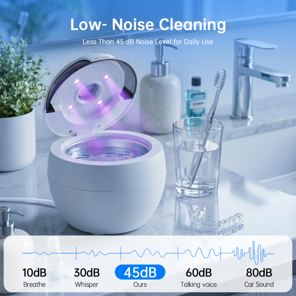 Ultrasonic Retainer Cleaner Machine, 45kHz Deep Gentle Cleaning Pod with Digital Timer, 200ML Multi-Scene Cleaning for Aligners, Dentures, Mouth Guards, Night Guards, Toothbrush Heads &Jewelry, White