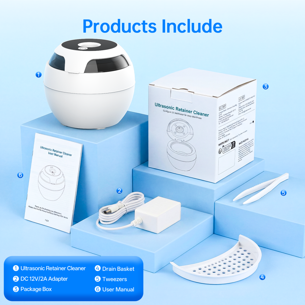 Ultrasonic Retainer Cleaner Machine, 45kHz Deep Gentle Cleaning Pod with Digital Timer, 200ML Multi-Scene Cleaning for Aligners, Dentures, Mouth Guards, Night Guards, Toothbrush Heads &Jewelry, White