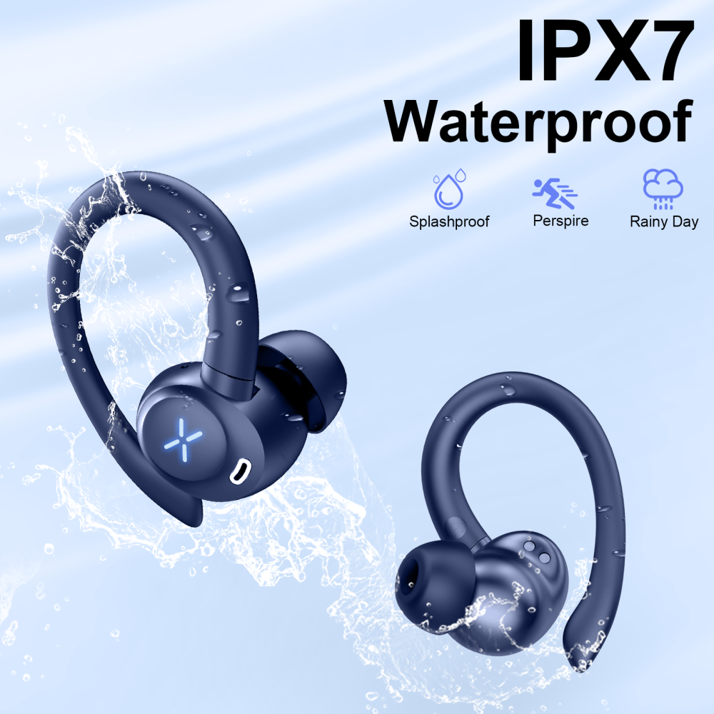 Wireless Earbuds, Bluetooth 5.4 Headphones Sport with 60H Playtime, Bluetooth Earphones with Deep Bass, Over Earhooks 4 ENC Noise Cancelling Mic, Ear buds IP7 Waterproof, LED for Running/Gym, Blue