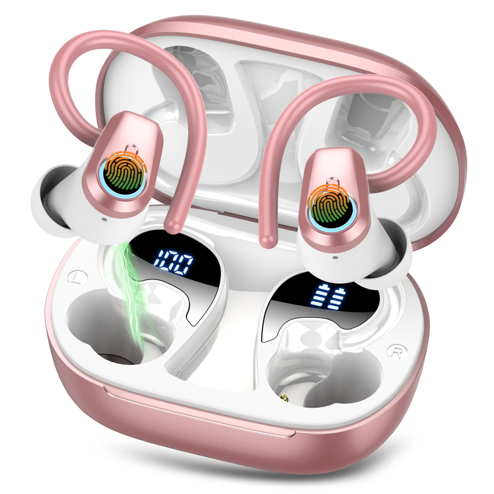 Wireless Earbuds Bluetooth 5.3 Headphones, 50H Sport Ear Buds HiFi Stereo Noise Cancelling Headphones with LED Digital Display, IP7 Waterproof Earphones for Running Workout Gym, USB-C, Rose Gold