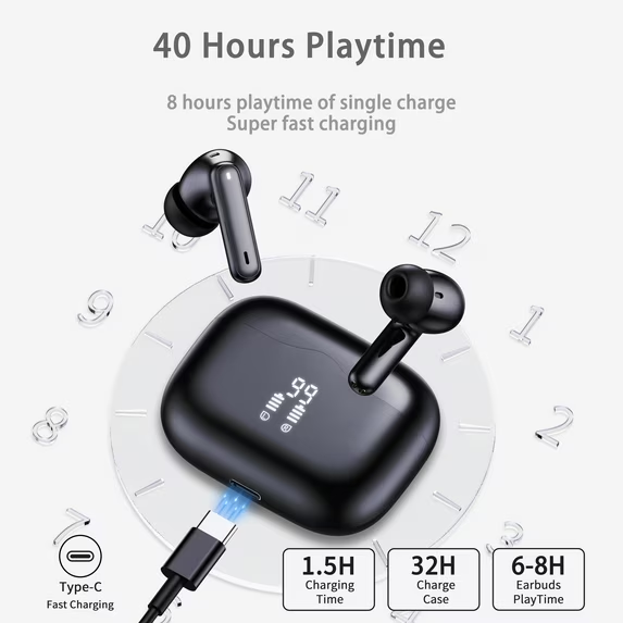Wireless Earbuds, Bluetooth 5.4 Headphones in Ear with 4 ENC Noise Cancelling Mic, Wireless Earphones HiFi Stereo Deep Bass 40H Playtime, In-Ear Bluetooth Earbuds LED Display IP7 Waterproof, USB-C