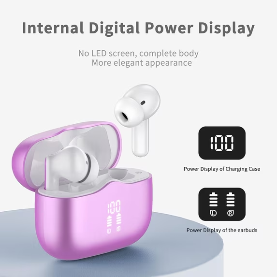 Wireless Earbuds, Bluetooth 5.4 Headphones in Ear with 4 ENC Noise Cancelling Mic, Wireless Earphones HiFi Stereo Deep Bass 40H Playtime, In-Ear Bluetooth Earbuds LED Display IP7 Waterproof,Purple