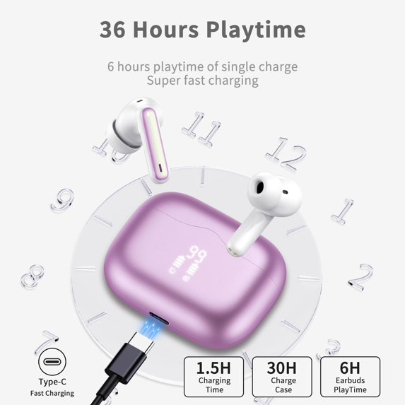 Wireless Earbuds, Bluetooth 5.4 Headphones in Ear with 4 ENC Noise Cancelling Mic, Wireless Earphones HiFi Stereo Deep Bass 40H Playtime, In-Ear Bluetooth Earbuds LED Display IP7 Waterproof,Purple