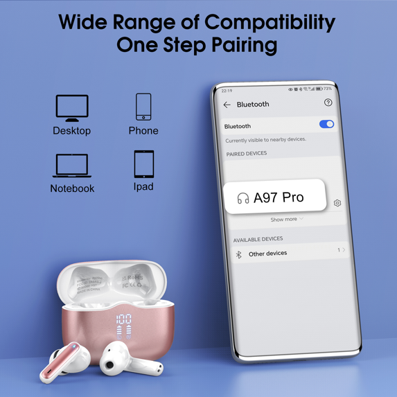 Wireless Earbuds, Bluetooth 5.4 Headphones in Ear Wireless Earphones HiFi Stereo Deep Bass 40H Playtime with 4 ENC Noise Cancelling Mic, In-Ear Bluetooth Earbuds LED Display IP7, USB-C, Rose Gold