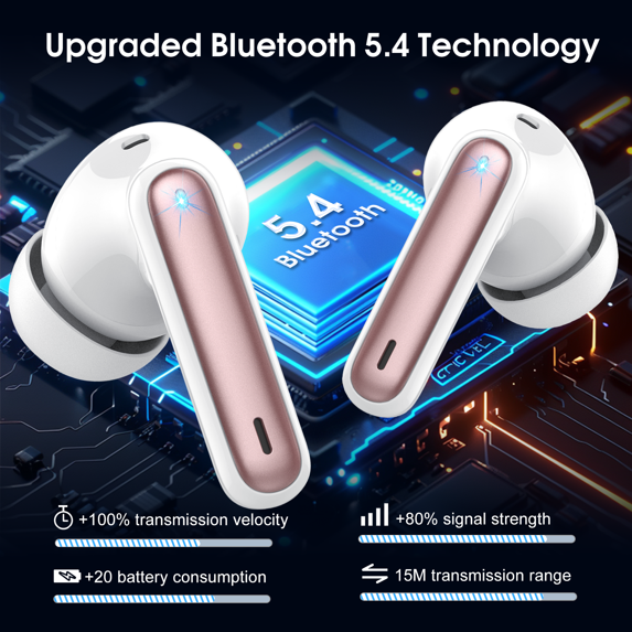 Wireless Earbuds, Bluetooth 5.4 Headphones in Ear Wireless Earphones HiFi Stereo Deep Bass 40H Playtime with 4 ENC Noise Cancelling Mic, In-Ear Bluetooth Earbuds LED Display IP7, USB-C, Rose Gold