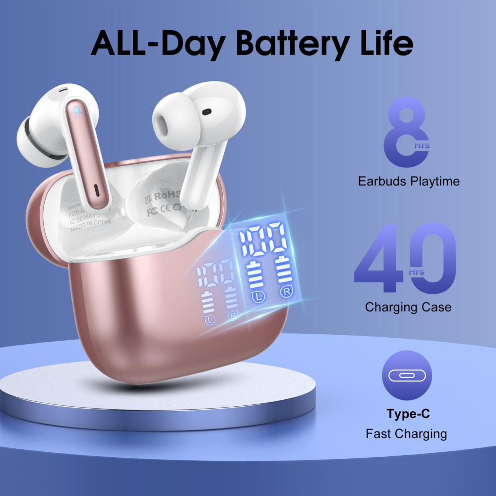 Wireless Earbuds, Bluetooth 5.4 Headphones in Ear Wireless Earphones HiFi Stereo Deep Bass 40H Playtime with 4 ENC Noise Cancelling Mic, In-Ear Bluetooth Earbuds LED Display IP7, USB-C, Rose Gold