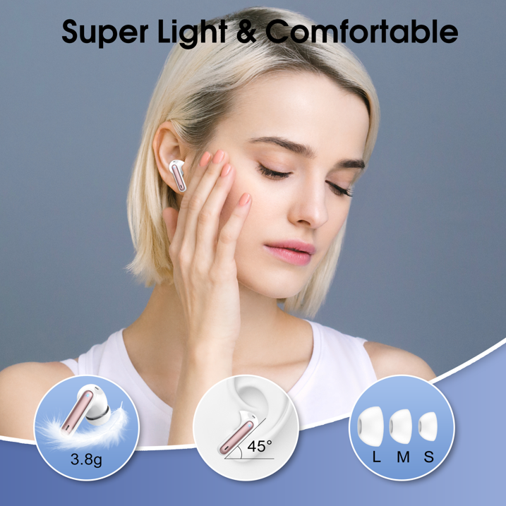 Wireless Earbuds, Bluetooth 5.4 Headphones in Ear Wireless Earphones HiFi Stereo Deep Bass 40H Playtime with 4 ENC Noise Cancelling Mic, In-Ear Bluetooth Earbuds LED Display IP7, USB-C, Rose Gold
