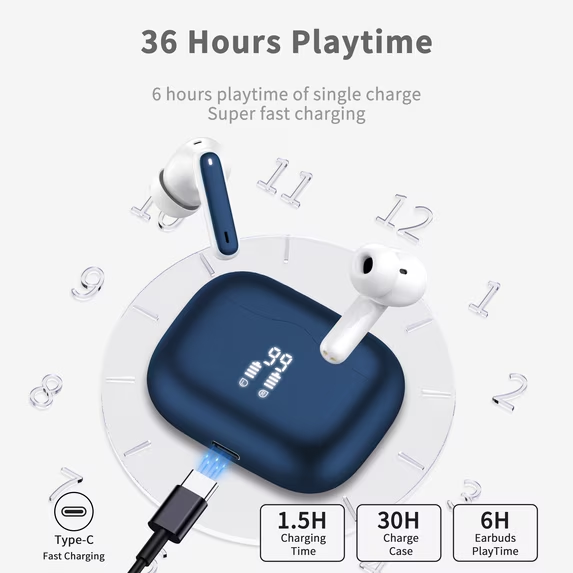 Wireless Earbuds, Bluetooth 5.4 Headphones in Ear with 4 ENC Noise Cancelling Mic, Wireless Earphones HiFi Stereo Deep Bass 40H Playtime, In-Ear Bluetooth Earbuds LED Display IP7 Waterproof,Blue