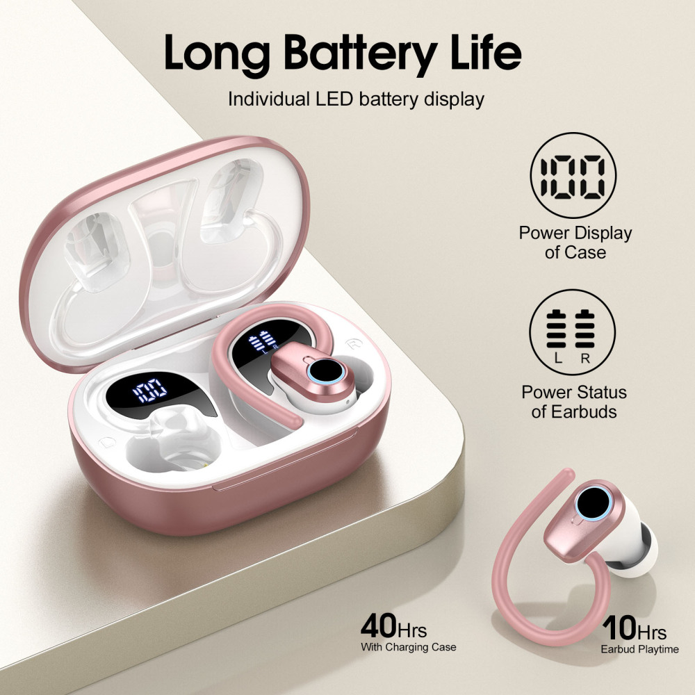 Wireless Earbuds Bluetooth 5.3 Headphones, 50H Sport Ear Buds HiFi Stereo Noise Cancelling Headphones with LED Digital Display, IP7 Waterproof Earphones for Running Workout Gym, USB-C, Rose Gold