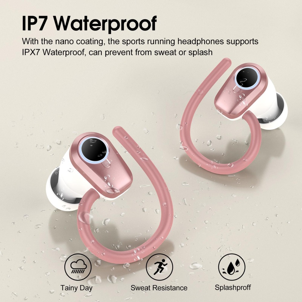 Wireless Earbuds Bluetooth 5.3 Headphones, 50H Sport Ear Buds HiFi Stereo Noise Cancelling Headphones with LED Digital Display, IP7 Waterproof Earphones for Running Workout Gym, USB-C, Rose Gold