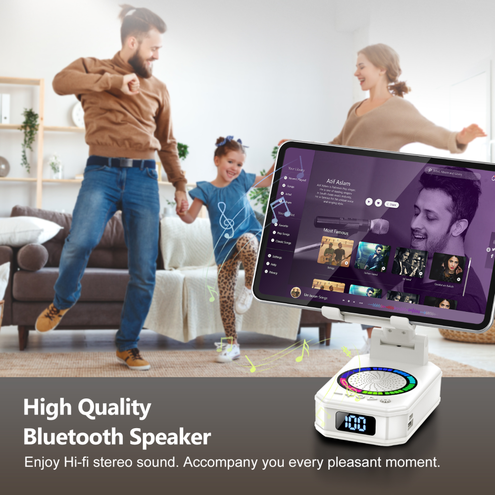 Cillso Phone Stand with Bluetooth Speaker, Gifts for Men Women, Foldable Adjustable Desktop Phone Holder with HD Stereo Sound & LED Lights, 4-in-1 Tech Gadget Compatible with iPhone, Android & iPad