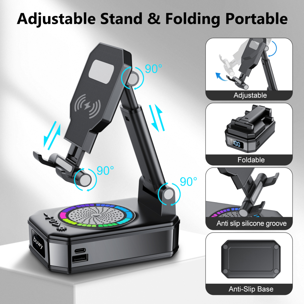 Cillso Wireless Charging Phone Stand with Bluetooth Speaker, Gifts for Men Women, Foldable Desktop Phone Holder with LED Battery Display, HD Sound & Anti-Slip Base, 5-in-1 Tech Gadget