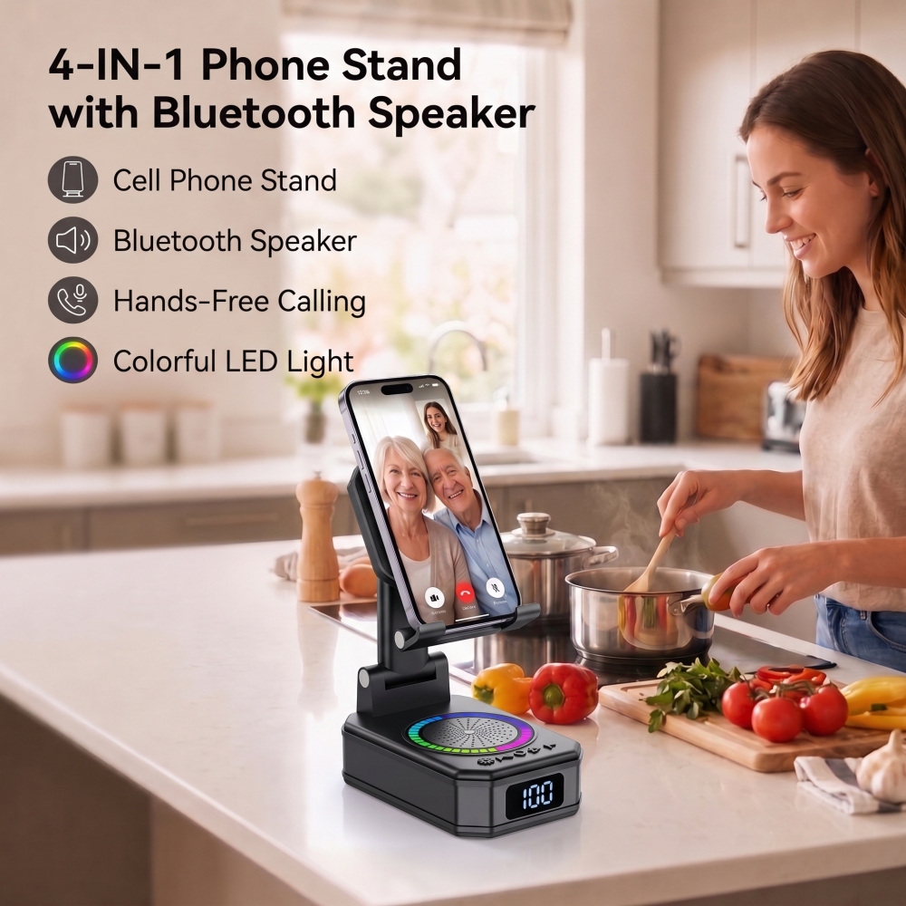 Cillso Wireless Charging Phone Stand with Bluetooth Speaker, Gifts for Men Women, Foldable Desktop Phone Holder with LED Battery Display, HD Sound & Anti-Slip Base, 5-in-1 Tech Gadget