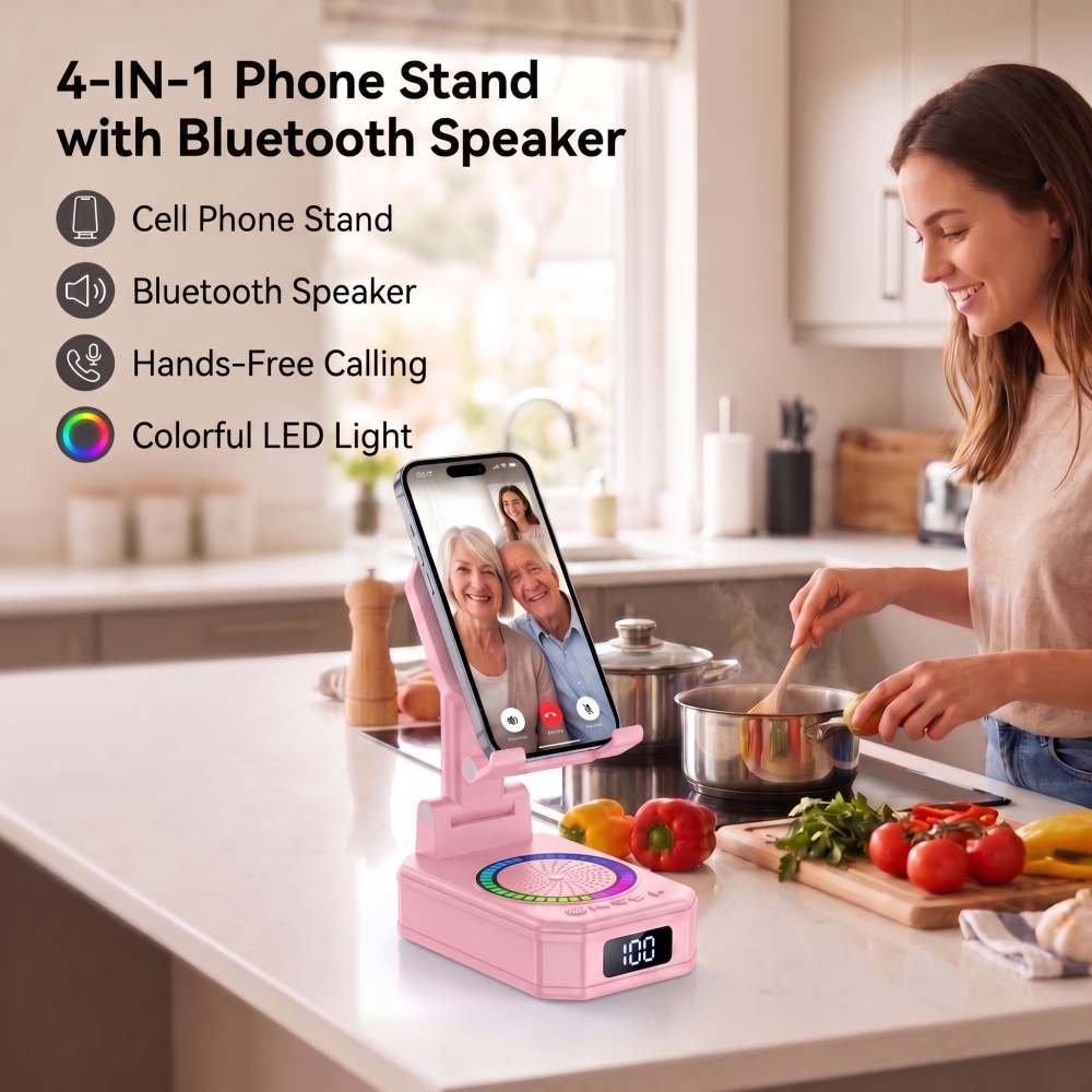 Cillso Phone Stand with Bluetooth Speaker, Gifts for Men Women, Foldable Adjustable Desktop Phone Holder with HD Stereo Sound & LED Lights, 4-in-1 Tech Gadget Compatible with iPhone, Android & iPad