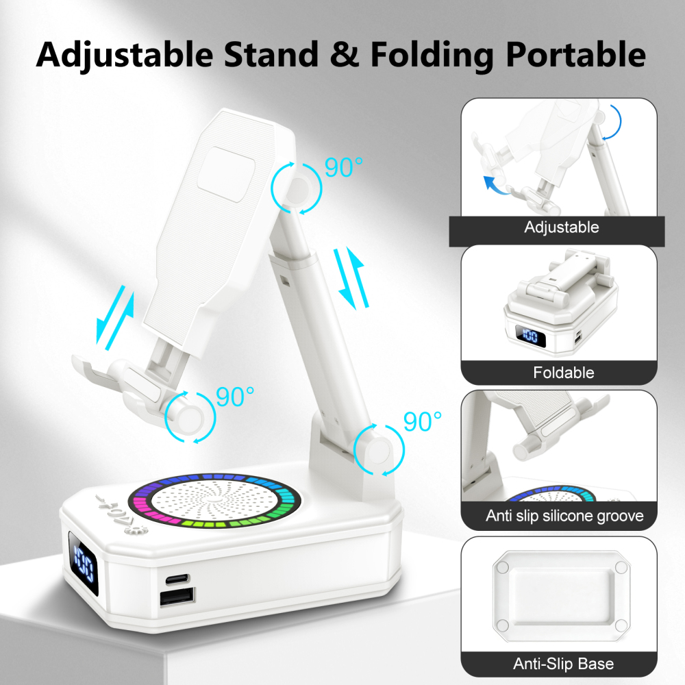 Cillso Phone Stand with Bluetooth Speaker, Gifts for Men Women, Foldable Adjustable Desktop Phone Holder with HD Stereo Sound & LED Lights, 4-in-1 Tech Gadget Compatible with iPhone, Android & iPad