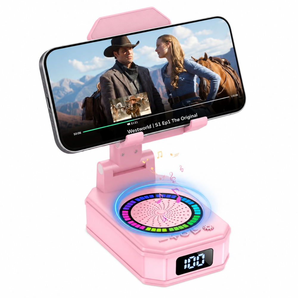 Cillso Phone Stand with Bluetooth Speaker, Gifts for Men Women, Foldable Adjustable Desktop Phone Holder with HD Stereo Sound & LED Lights, 4-in-1 Tech Gadget Compatible with iPhone, Android & iPad