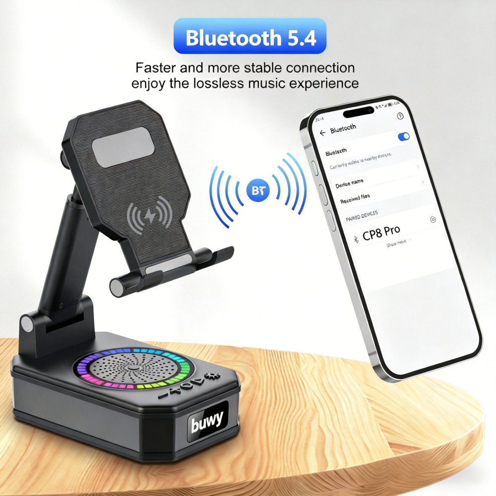 Cillso Wireless Charging Phone Stand with Bluetooth Speaker, Gifts for Men Women, Foldable Desktop Phone Holder with LED Battery Display, HD Sound & Anti-Slip Base, 5-in-1 Tech Gadget
