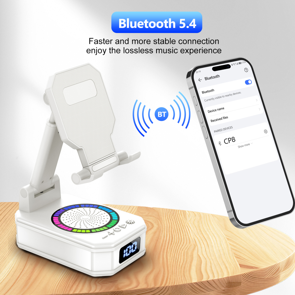 Cillso Phone Stand with Bluetooth Speaker, Gifts for Men Women, Foldable Adjustable Desktop Phone Holder with HD Stereo Sound & LED Lights, 4-in-1 Tech Gadget Compatible with iPhone, Android & iPad