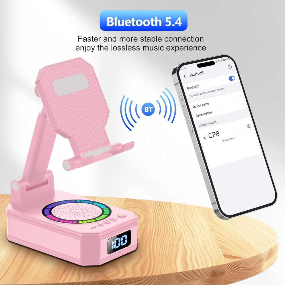 Cillso Phone Stand with Bluetooth Speaker, Gifts for Men Women, Foldable Adjustable Desktop Phone Holder with HD Stereo Sound & LED Lights, 4-in-1 Tech Gadget Compatible with iPhone, Android & iPad