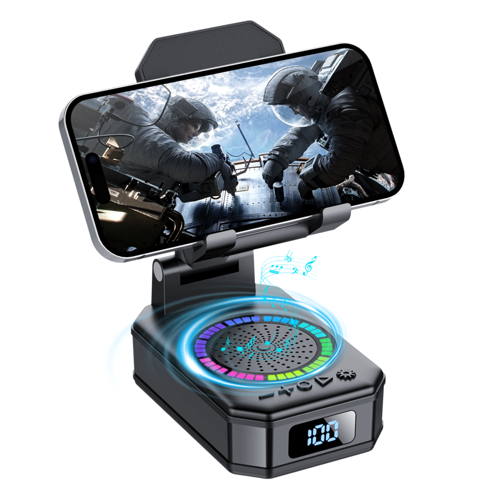 Cillso Wireless Charging Phone Stand with Bluetooth Speaker, Gifts for Men Women, Foldable Desktop Phone Holder with LED Battery Display, HD Sound & Anti-Slip Base, 5-in-1 Tech Gadget