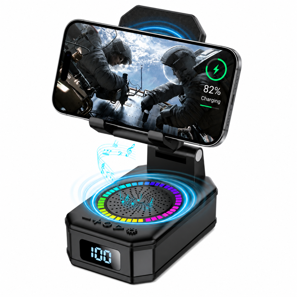 Cillso Wireless Charging Phone Stand with Bluetooth Speaker, Gifts for Men Women, Foldable Desktop Phone Holder with LED Battery Display, HD Sound & Anti-Slip Base, 5-in-1 Tech Gadget