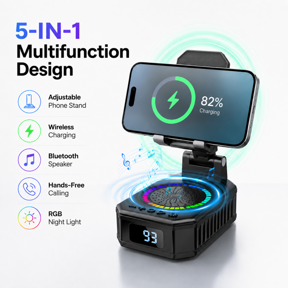 Cillso Wireless Charging Phone Stand with Bluetooth Speaker, Gifts for Men Women, Foldable Desktop Phone Holder with LED Battery Display, HD Sound & Anti-Slip Base, 5-in-1 Tech Gadget