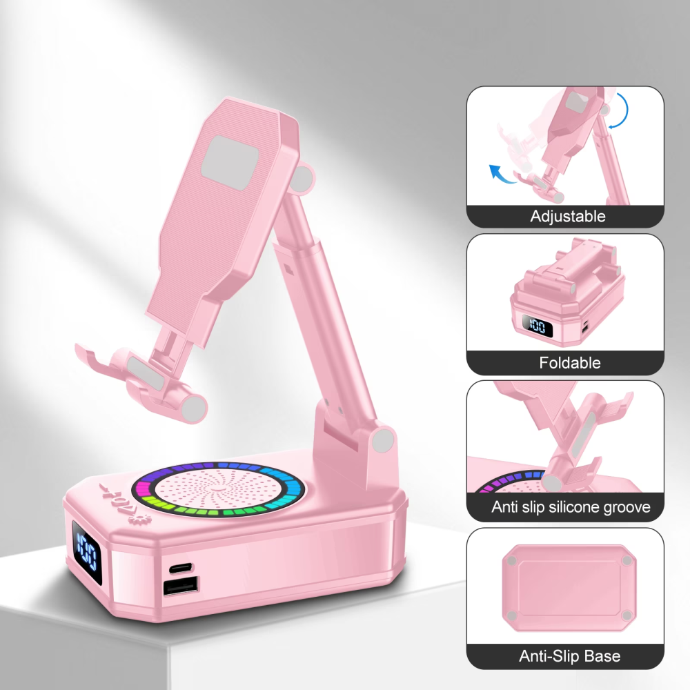 Cillso Phone Stand with Bluetooth Speaker, Gifts for Men Women, Foldable Adjustable Desktop Phone Holder with HD Stereo Sound & LED Lights, 4-in-1 Tech Gadget Compatible with iPhone, Android & iPad