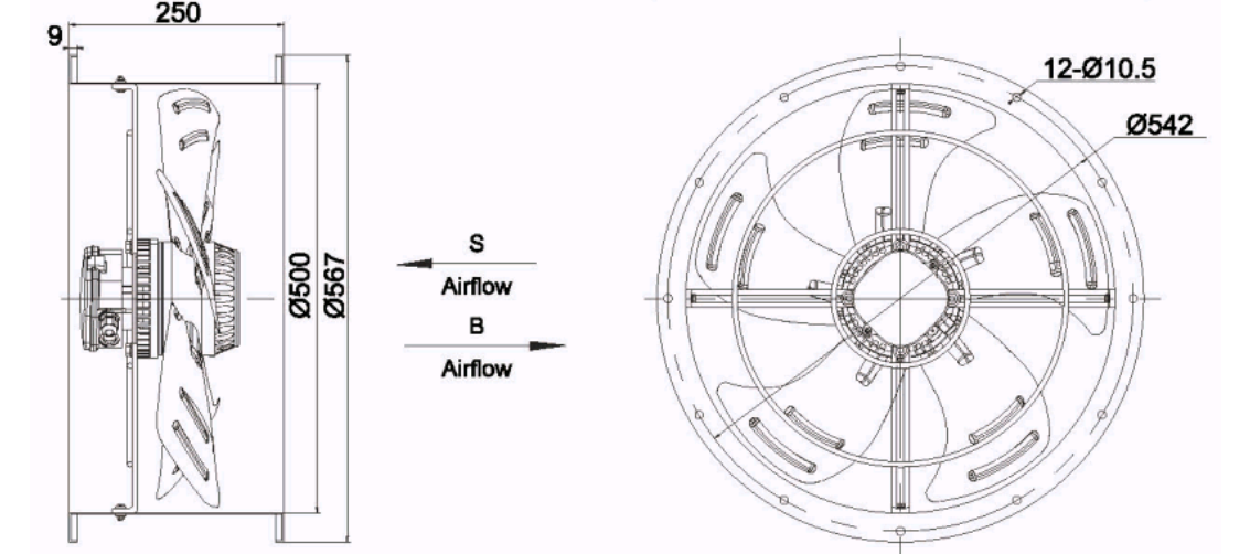 External Rotor Cylindrical Axial Flow Fan  Φ500