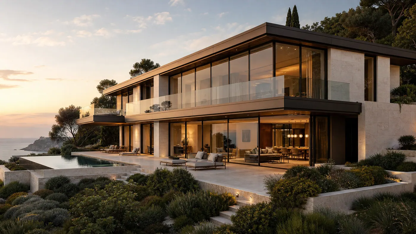 Contemporary coastal luxury villa with glass curtain wall and panoramic balustrades