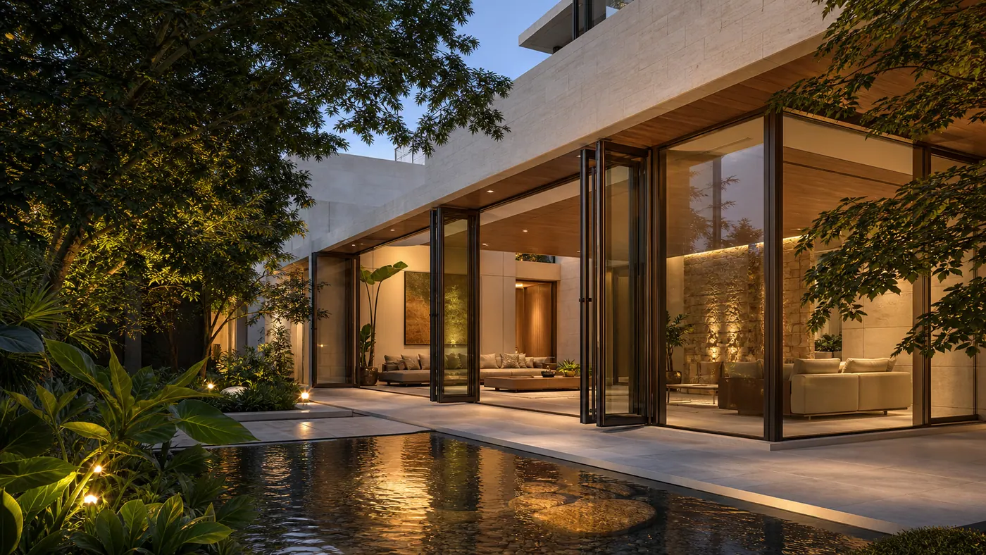Tropical courtyard villa with slim-frame folding glass doors