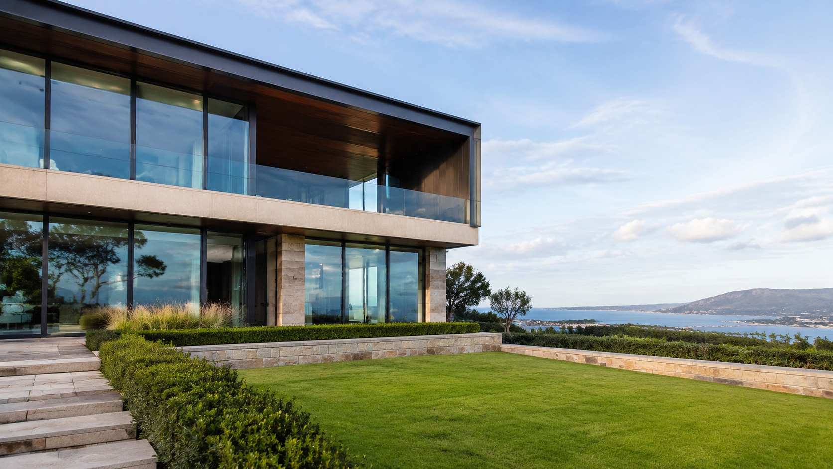 Coastal villa with aluminium curtain wall and floor-to-ceiling glazing